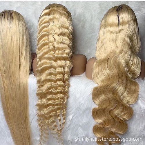 Shmily 613 Ombre Blond Dark Brown Honey Roots Straight Virgin Indian Brazilian Human Hair Transparent Frontal Full Lace Wigs